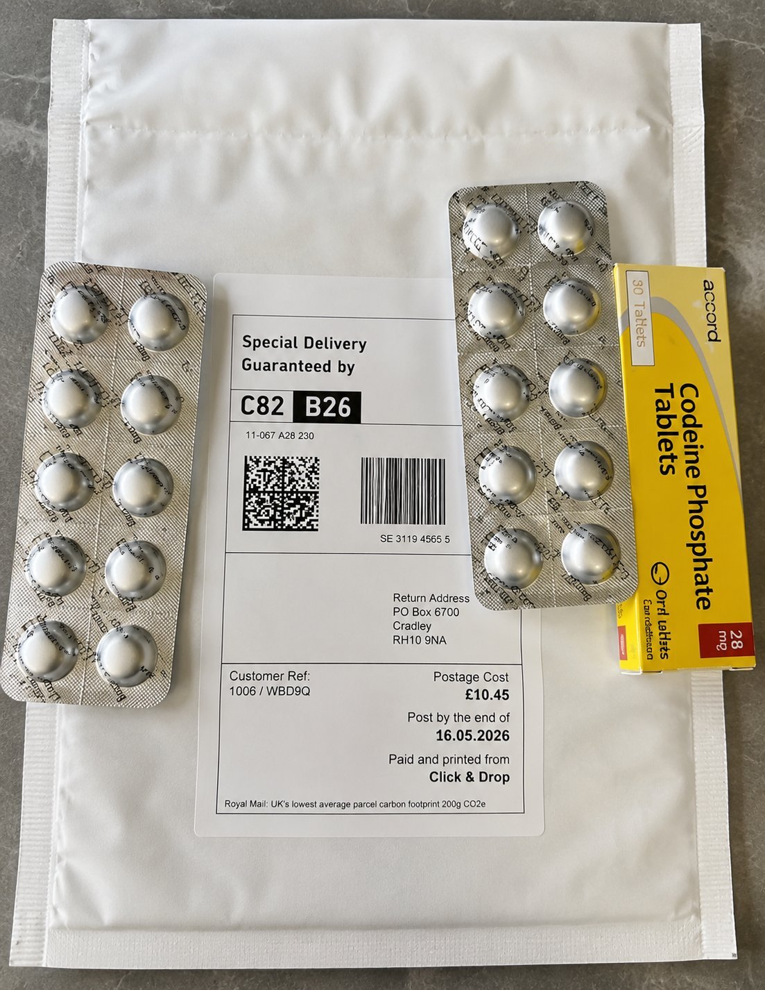 Package contents showing three blister packs of white pills/capsules with special delivery label and yellow medication box